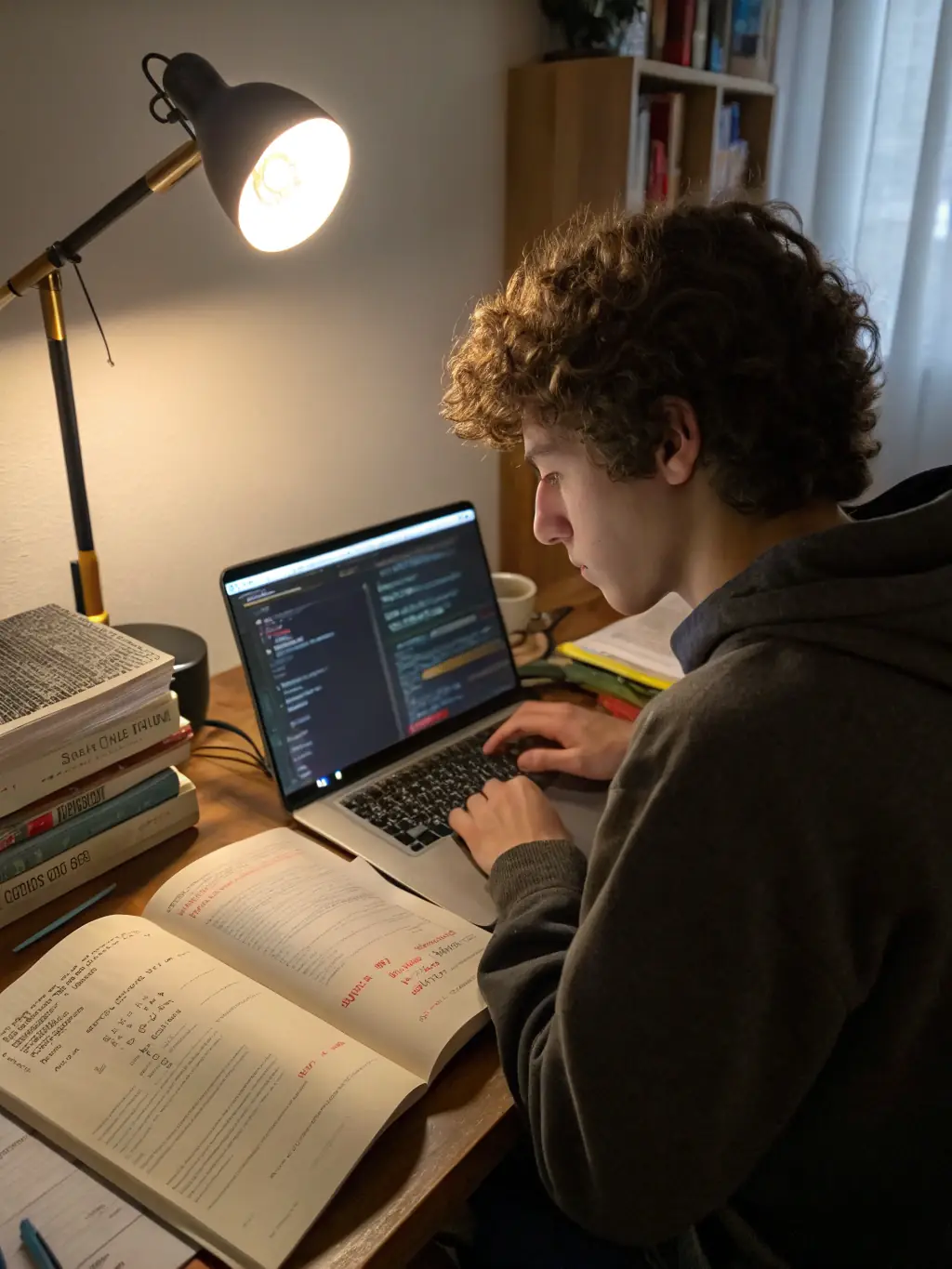 A student coding at a computer, focused on a Python script related to stock market analysis, in a modern classroom setting.