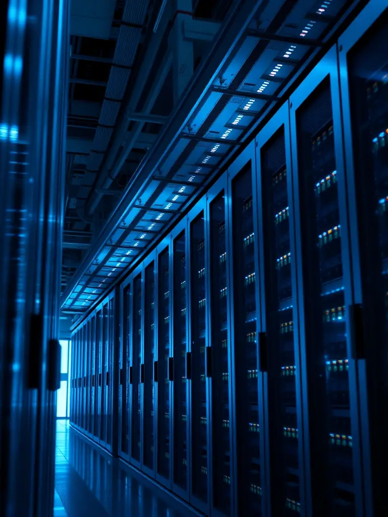 A secure server room with blinking lights, symbolizing the infrastructure required for secure financial data processing with Python.