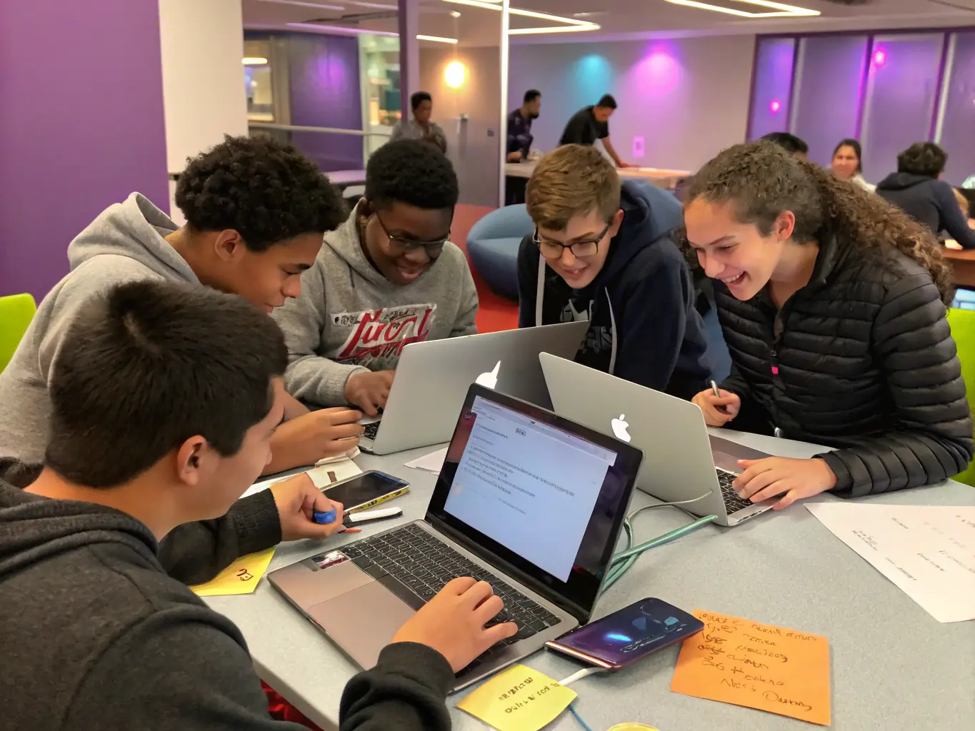 An image showing a diverse group of students collaborating on a Python project, emphasizing teamwork and practical application of skills.